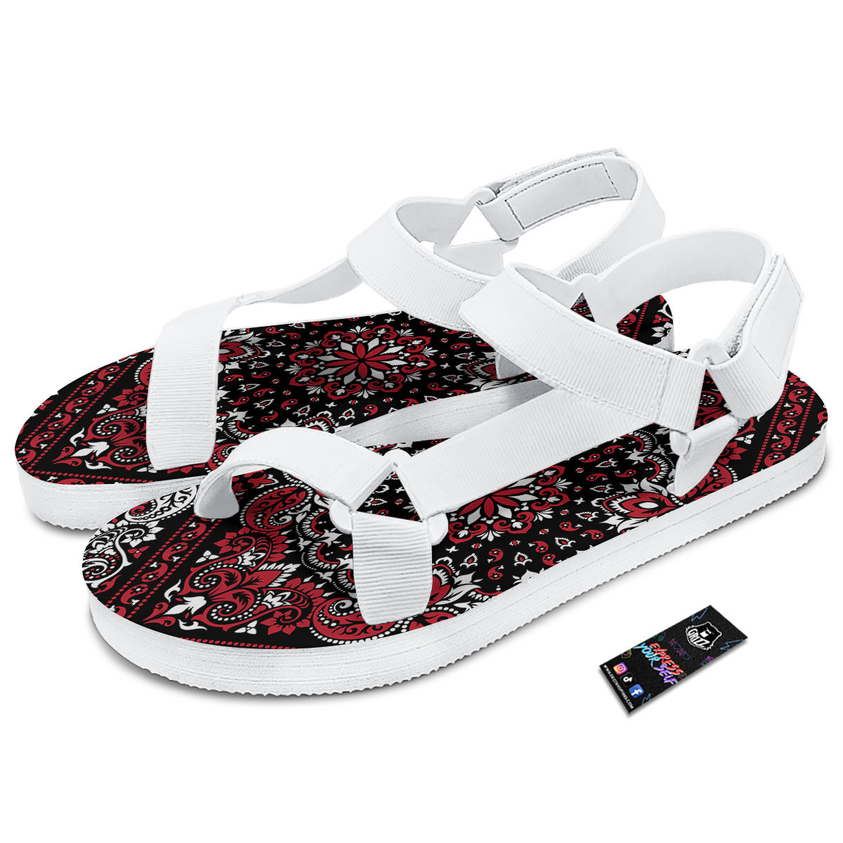Red Black Bandana Paisley Print White Open Toe Sandals-grizzshop