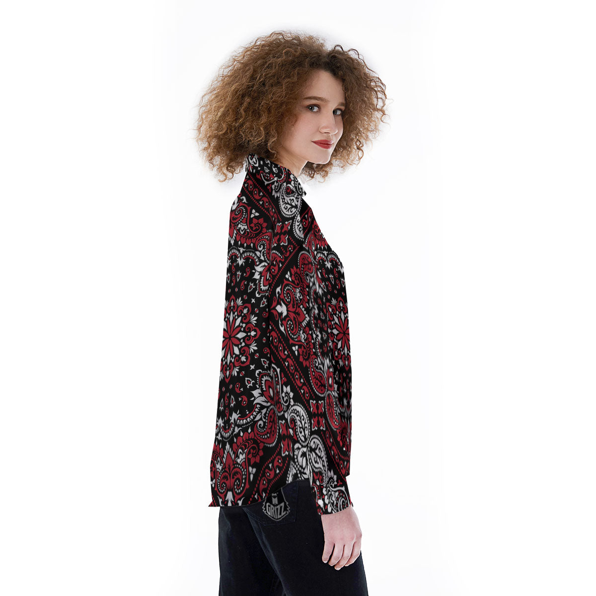 Red Black Bandana Paisley Print Women's Long Sleeve Shirts-grizzshop
