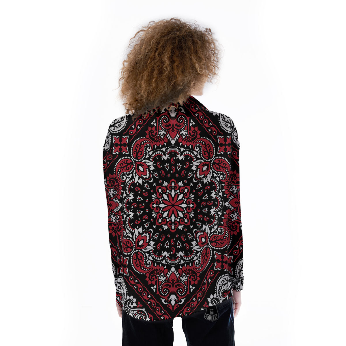 Red Black Bandana Paisley Print Women's Long Sleeve Shirts-grizzshop