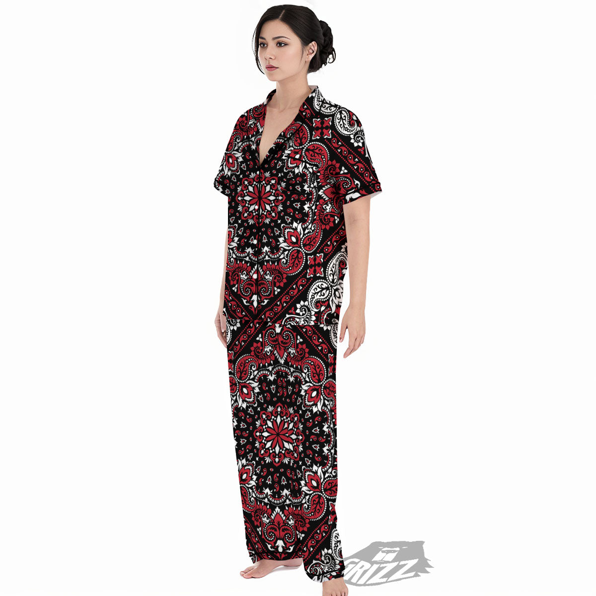 Red Black Bandana Paisley Print Women's Pajamas Set-grizzshop
