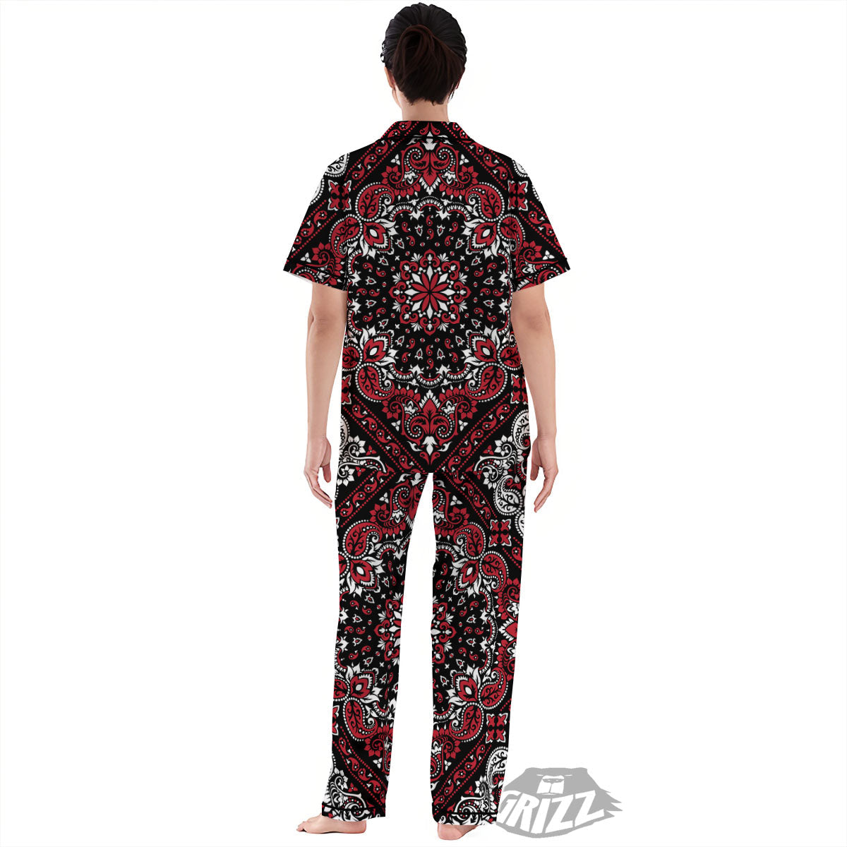 Red Black Bandana Paisley Print Women's Pajamas Set-grizzshop