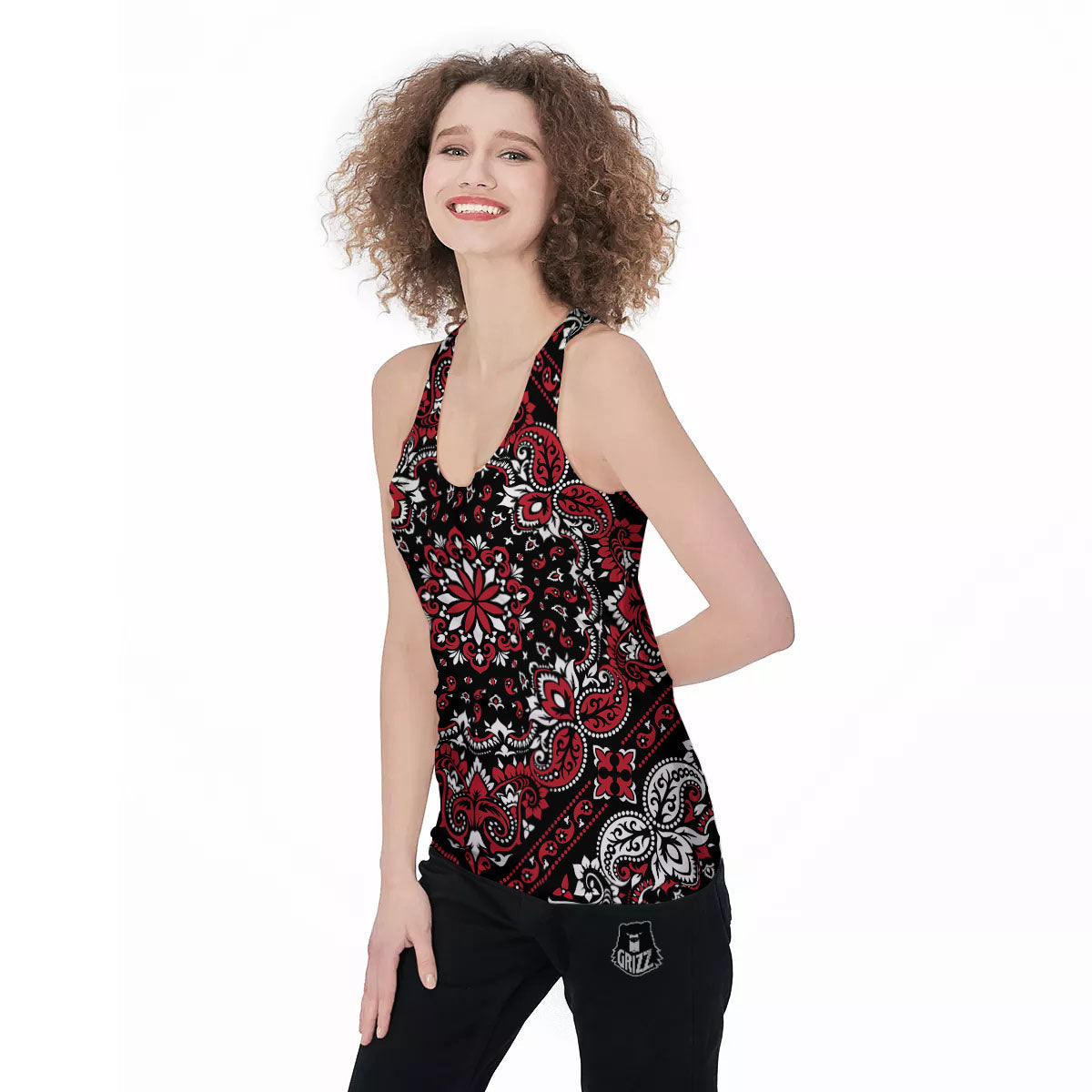 Red Black Bandana Paisley Print Women's Racerback Tank Top-grizzshop