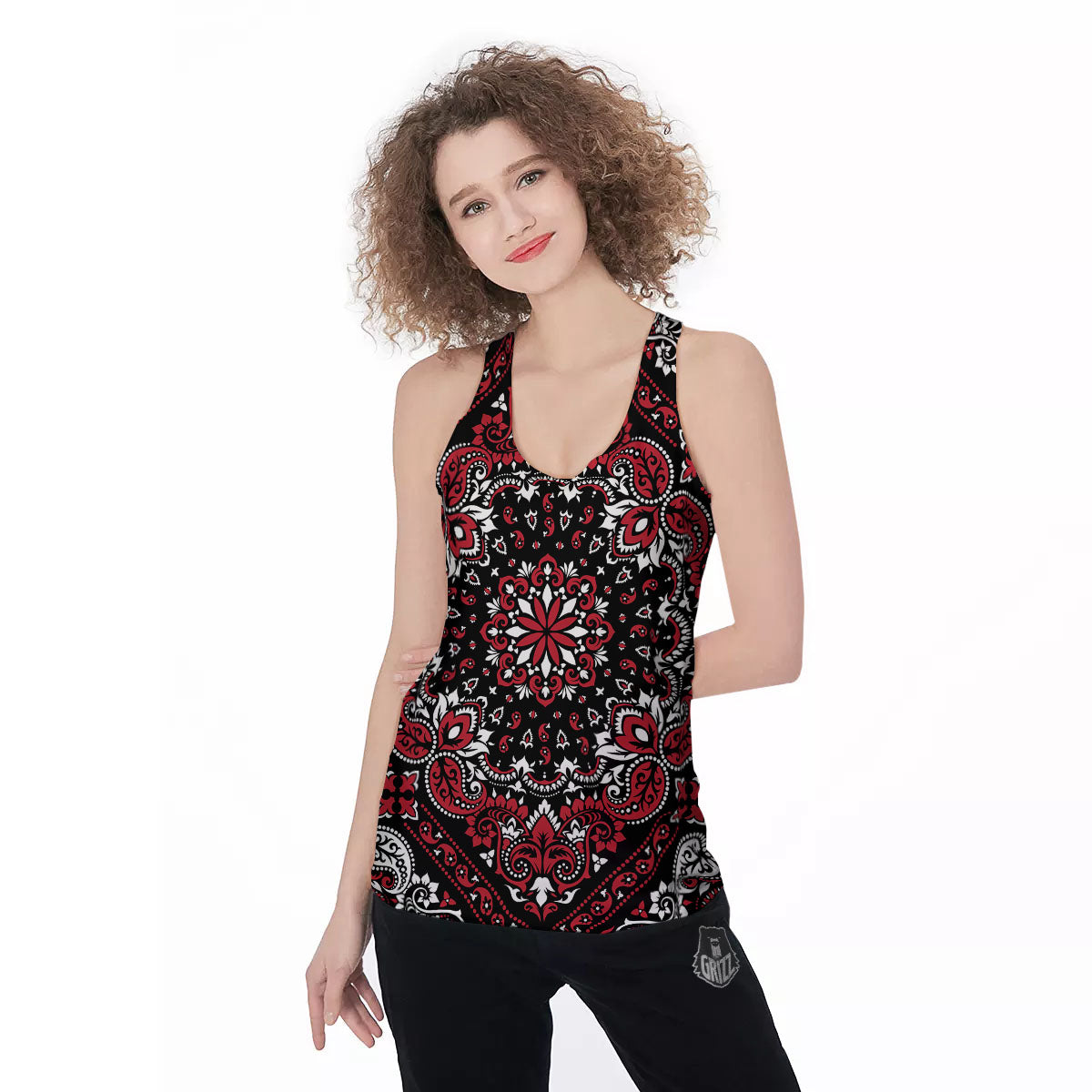 Red Black Bandana Paisley Print Women's Racerback Tank Top-grizzshop