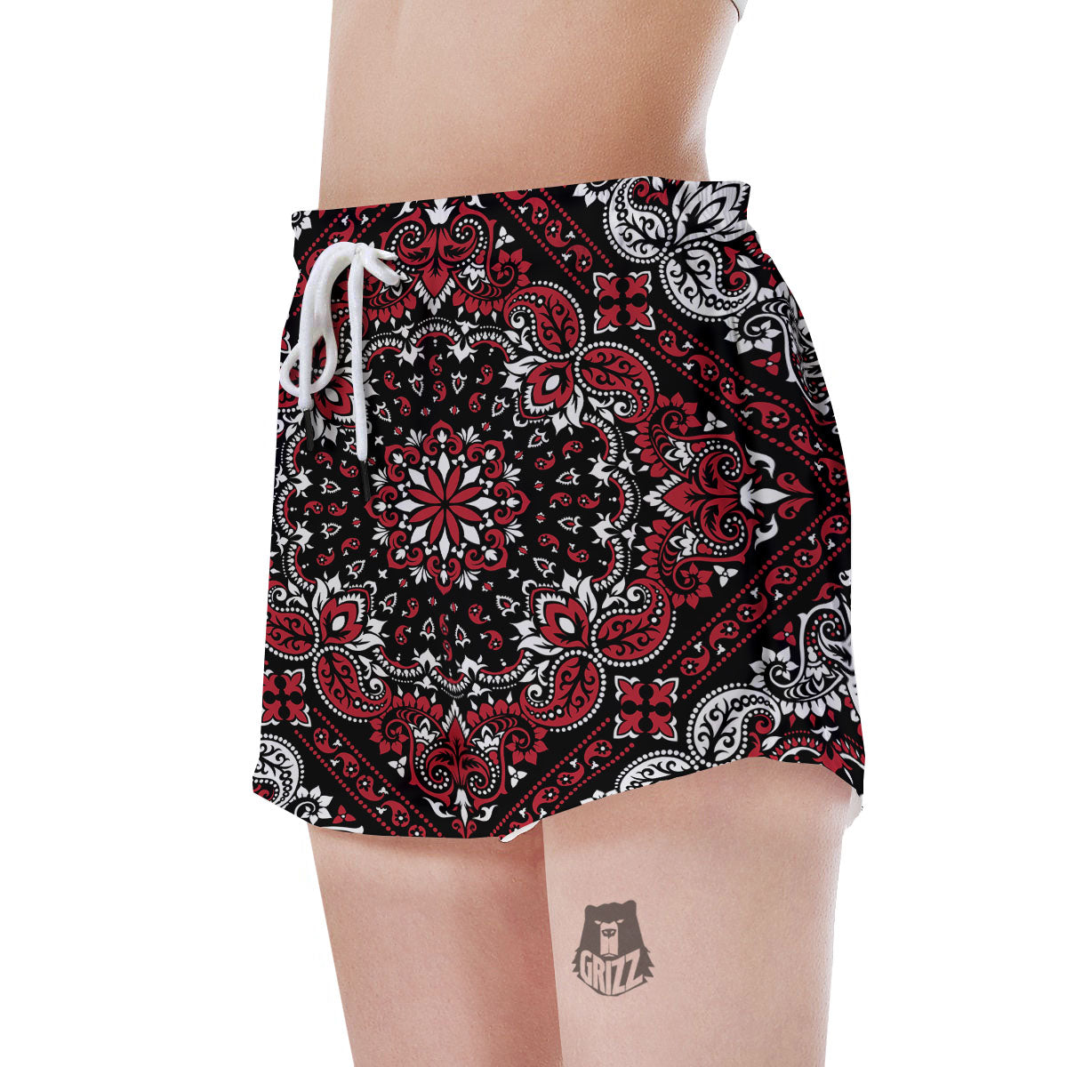 Red Black Bandana Paisley Print Women's Shorts-grizzshop