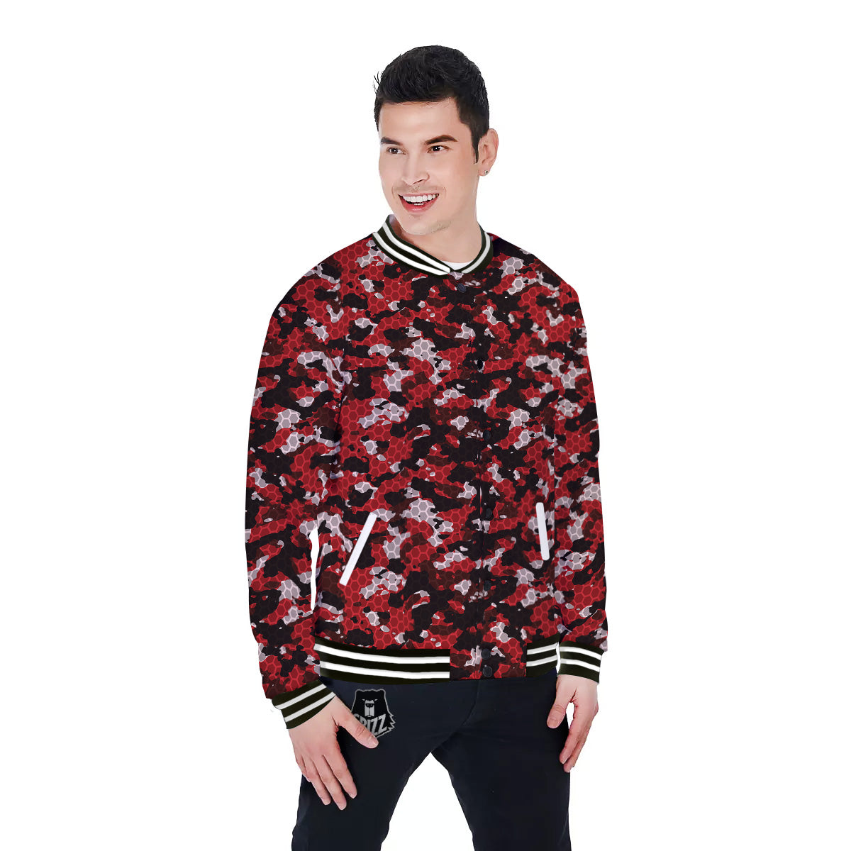 Red Black Hi Tech Camo Hexagonal Grid Print Pattern Baseball Jacket-grizzshop