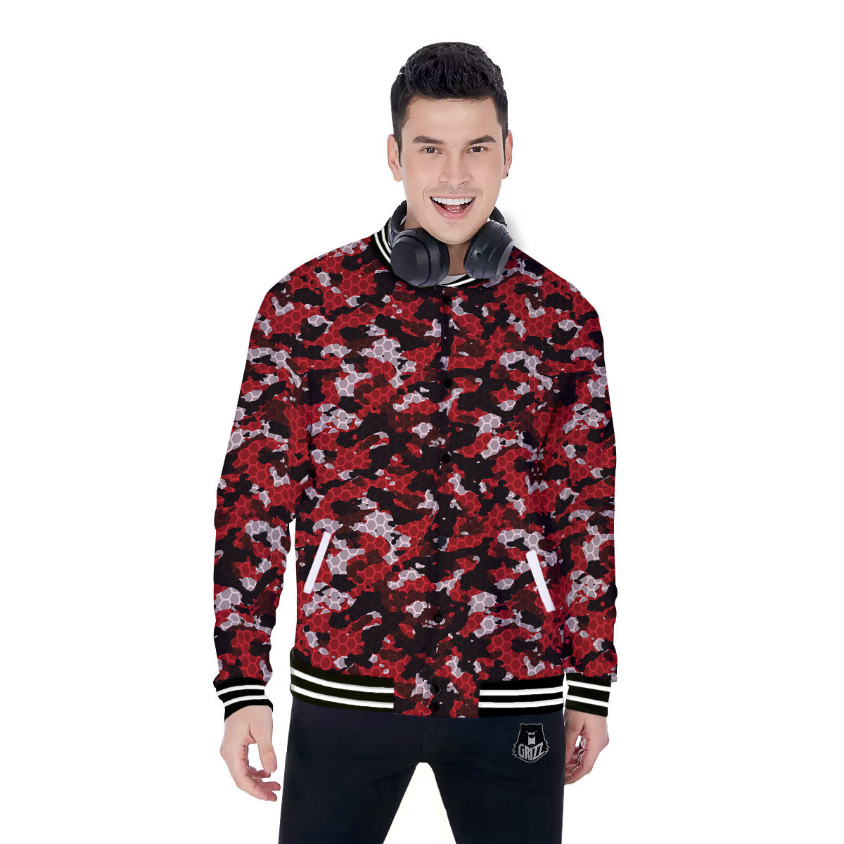 Red Black Hi Tech Camo Hexagonal Grid Print Pattern Baseball Jacket-grizzshop