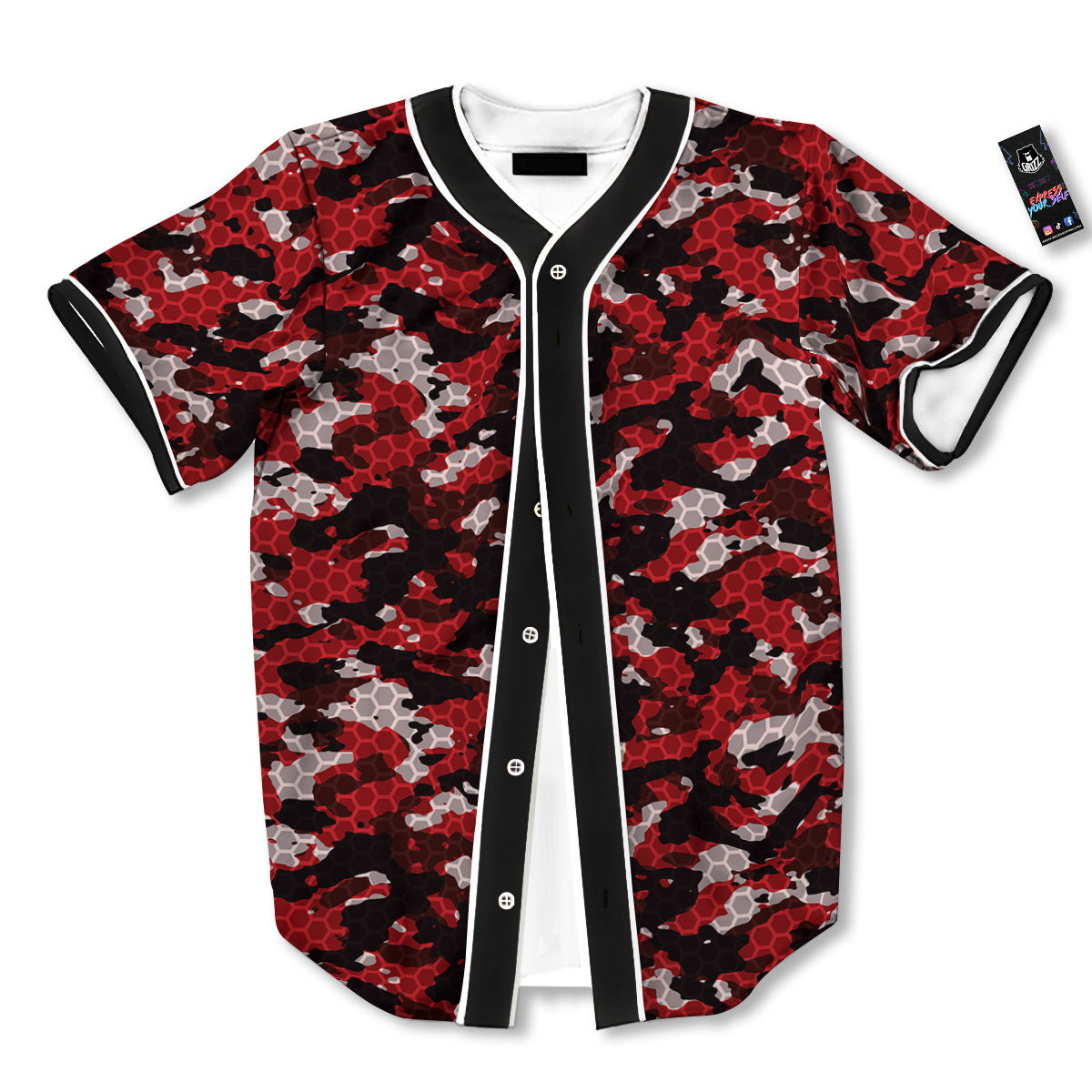 Red Black Hi Tech Camo Hexagonal Grid Print Pattern Baseball Jersey-grizzshop
