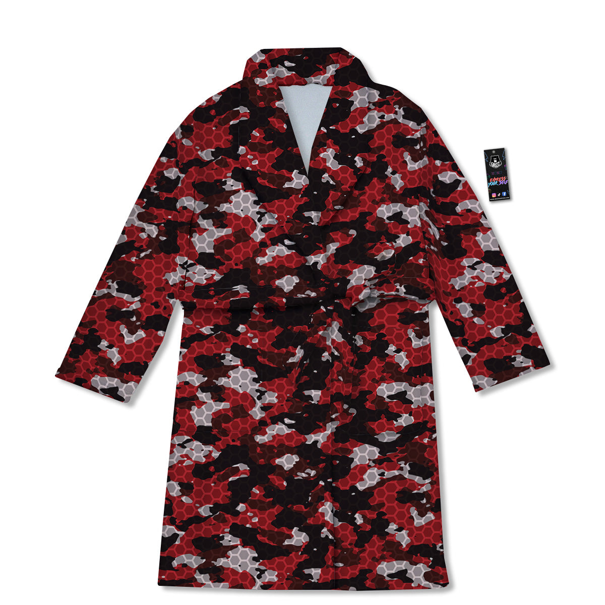 Red Black Hi Tech Camo Hexagonal Grid Print Pattern Bathrobe-grizzshop