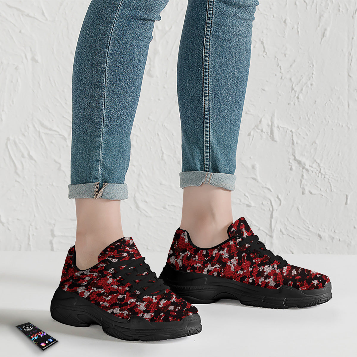 Red Black Hi Tech Camo Hexagonal Grid Print Pattern Black Chunky Shoes-grizzshop