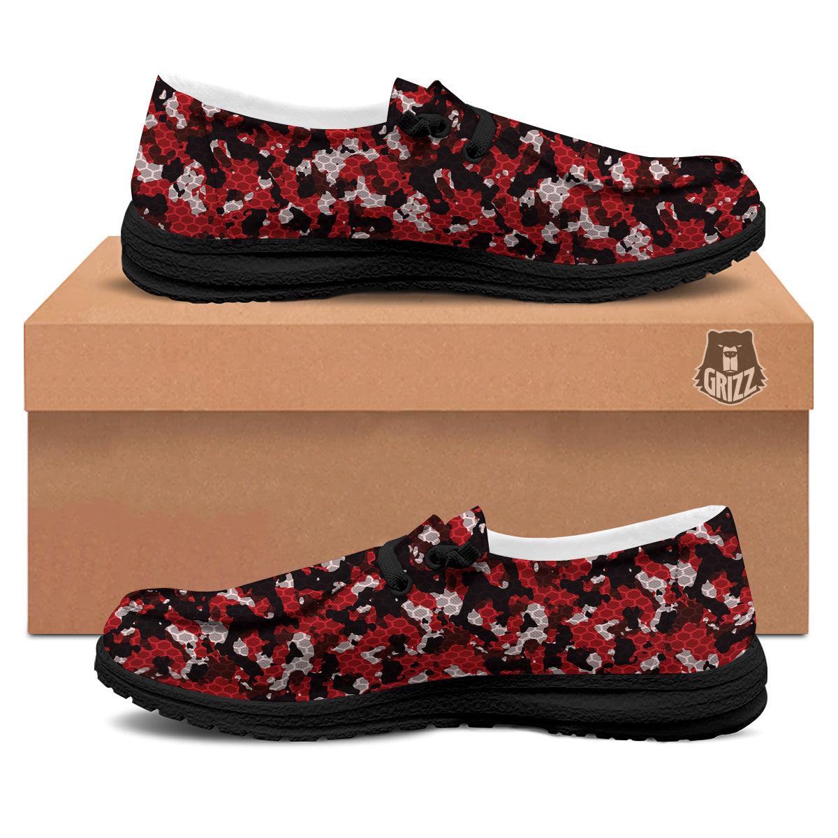 Red Black Hi Tech Camo Hexagonal Grid Print Pattern Black Loafers-grizzshop