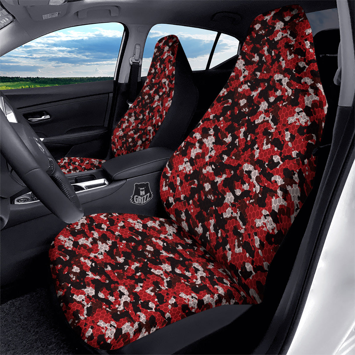 Red Black Hi Tech Camo Hexagonal Grid Print Pattern Car Seat Covers-grizzshop