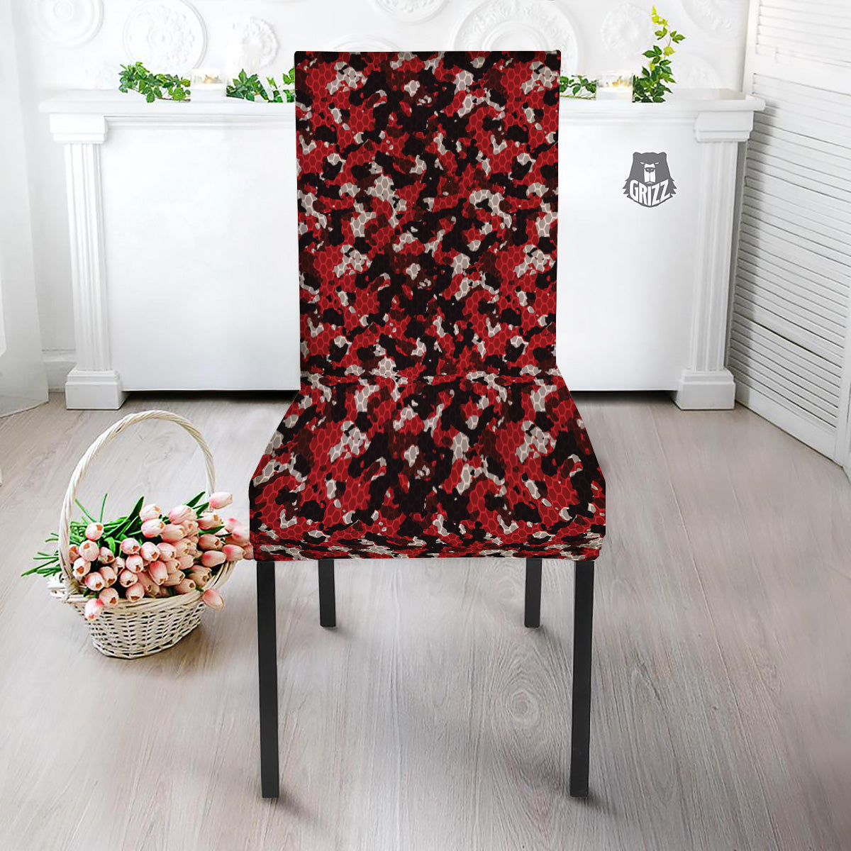 Red Black Hi Tech Camo Hexagonal Grid Print Pattern Dining Chair Slipcover-grizzshop