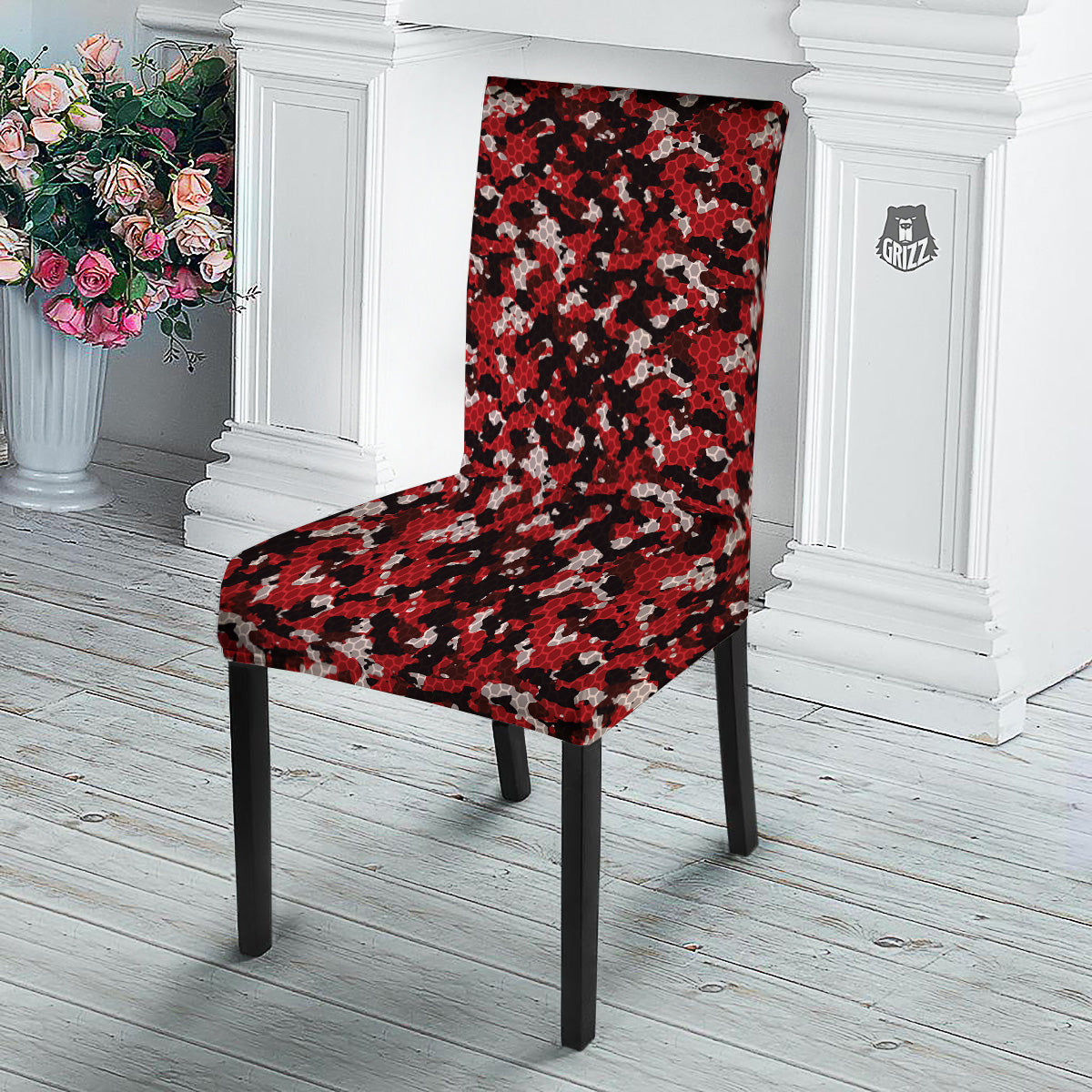 Red Black Hi Tech Camo Hexagonal Grid Print Pattern Dining Chair Slipcover-grizzshop