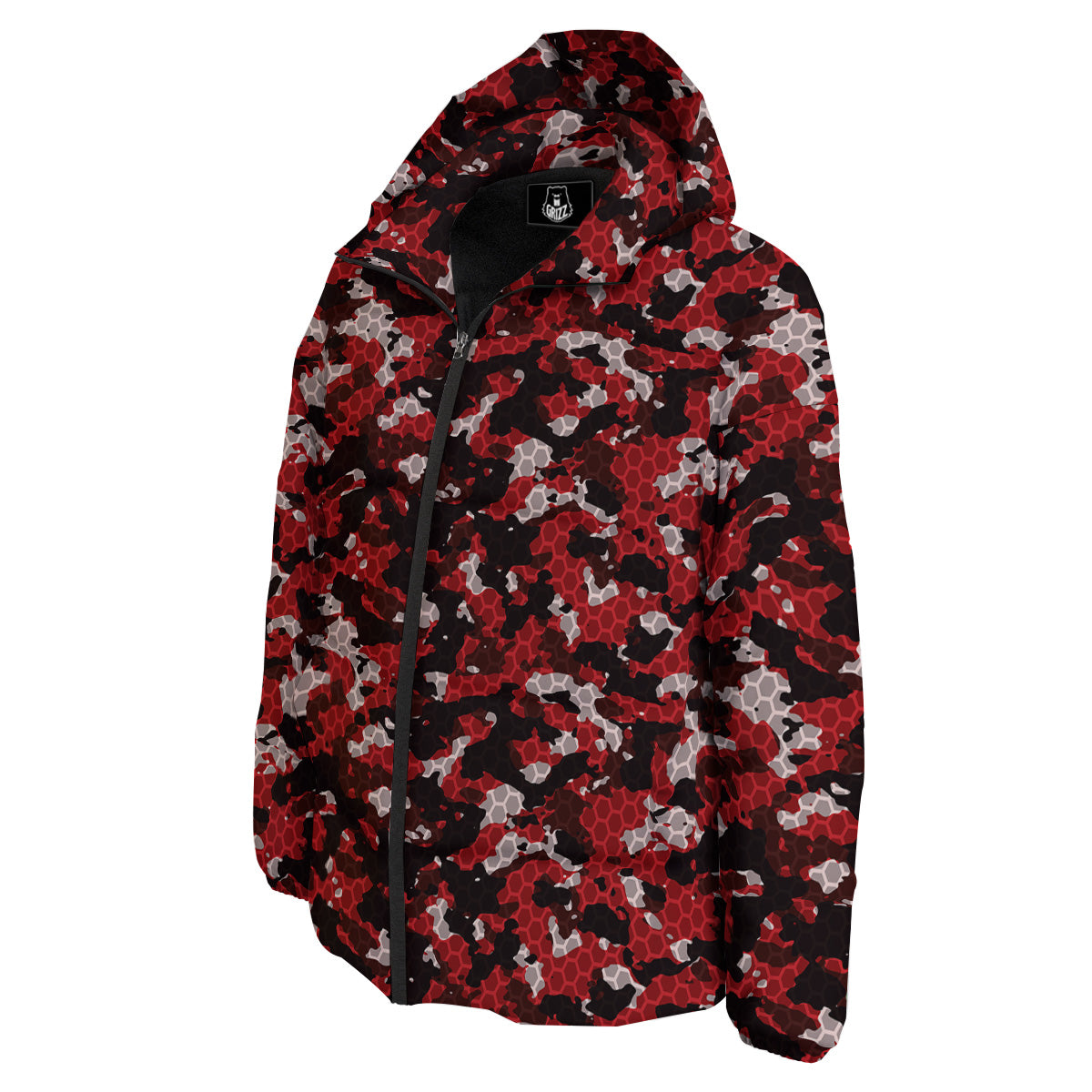 Red Black Hi Tech Camo Hexagonal Grid Print Pattern Down Jacket-grizzshop