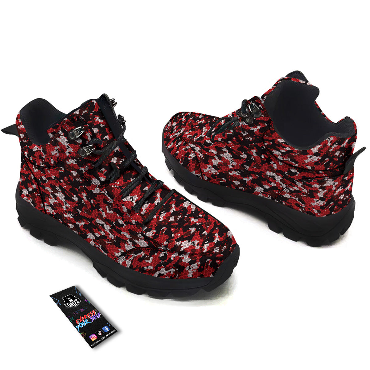 Red Black Hi Tech Camo Hexagonal Grid Print Pattern Hiking Shoes-grizzshop