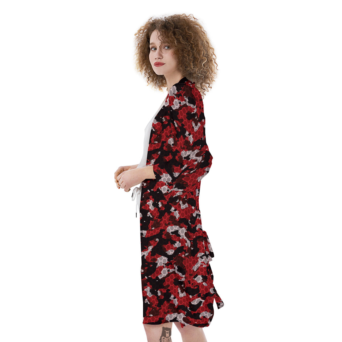 Red Black Hi Tech Camo Hexagonal Grid Print Pattern Kimono-grizzshop