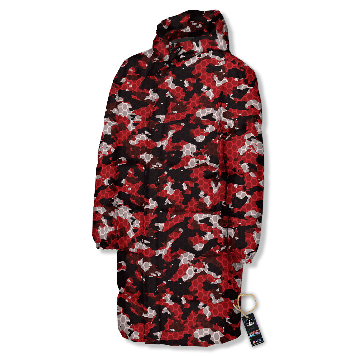 Red Black Hi Tech Camo Hexagonal Grid Print Pattern Long Down Jacket-grizzshop
