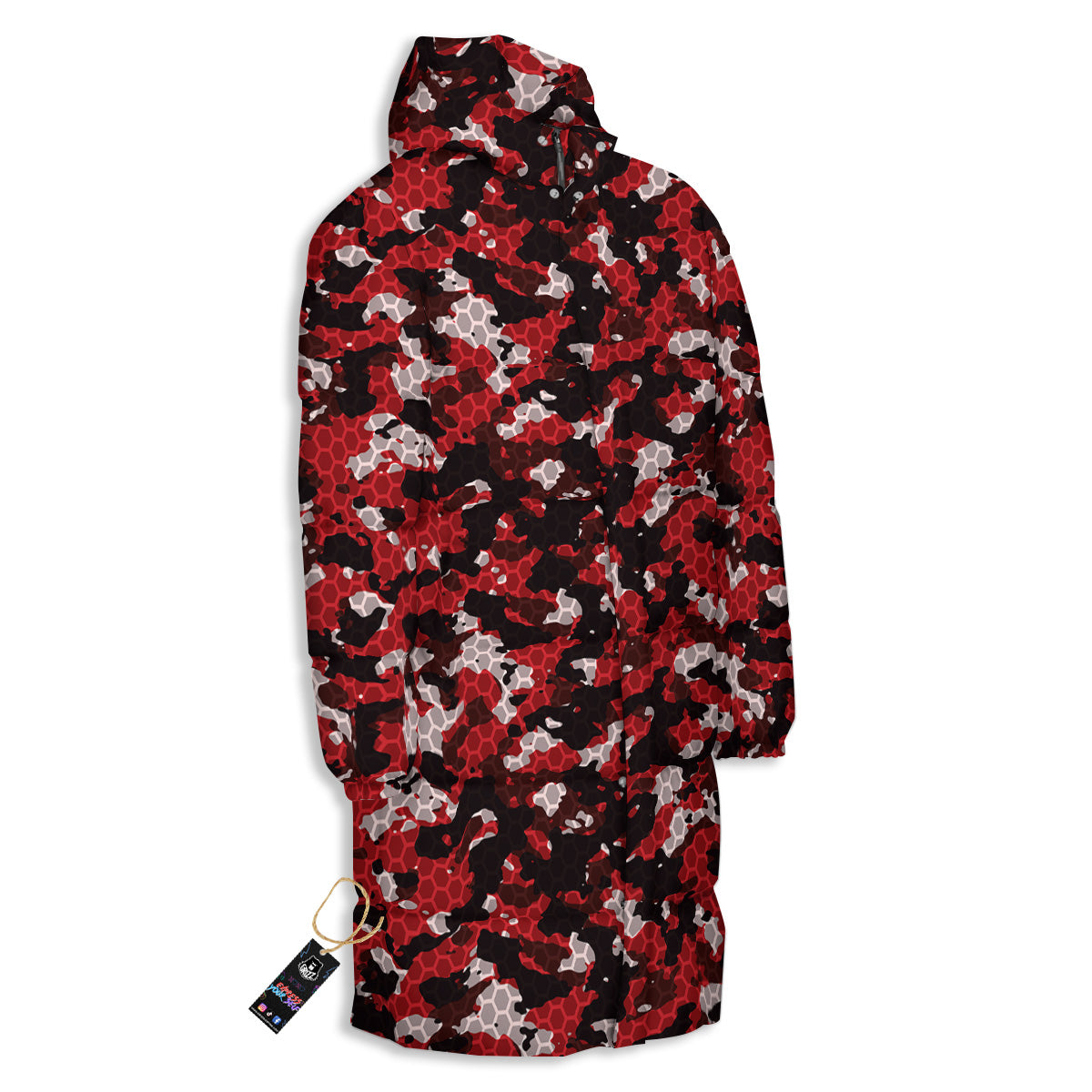 Red Black Hi Tech Camo Hexagonal Grid Print Pattern Long Down Jacket-grizzshop