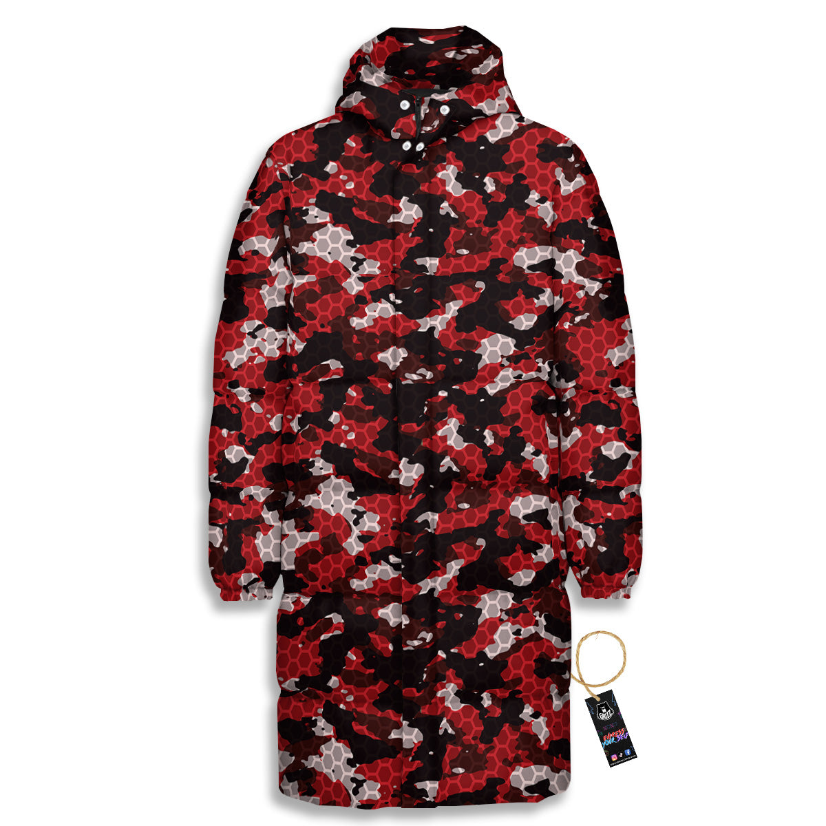 Red Black Hi Tech Camo Hexagonal Grid Print Pattern Long Down Jacket-grizzshop