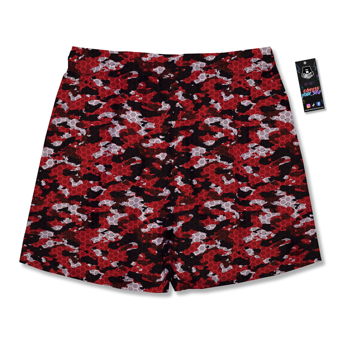 Red Black Hi Tech Camo Hexagonal Grid Print Pattern Men's Running Shorts-grizzshop
