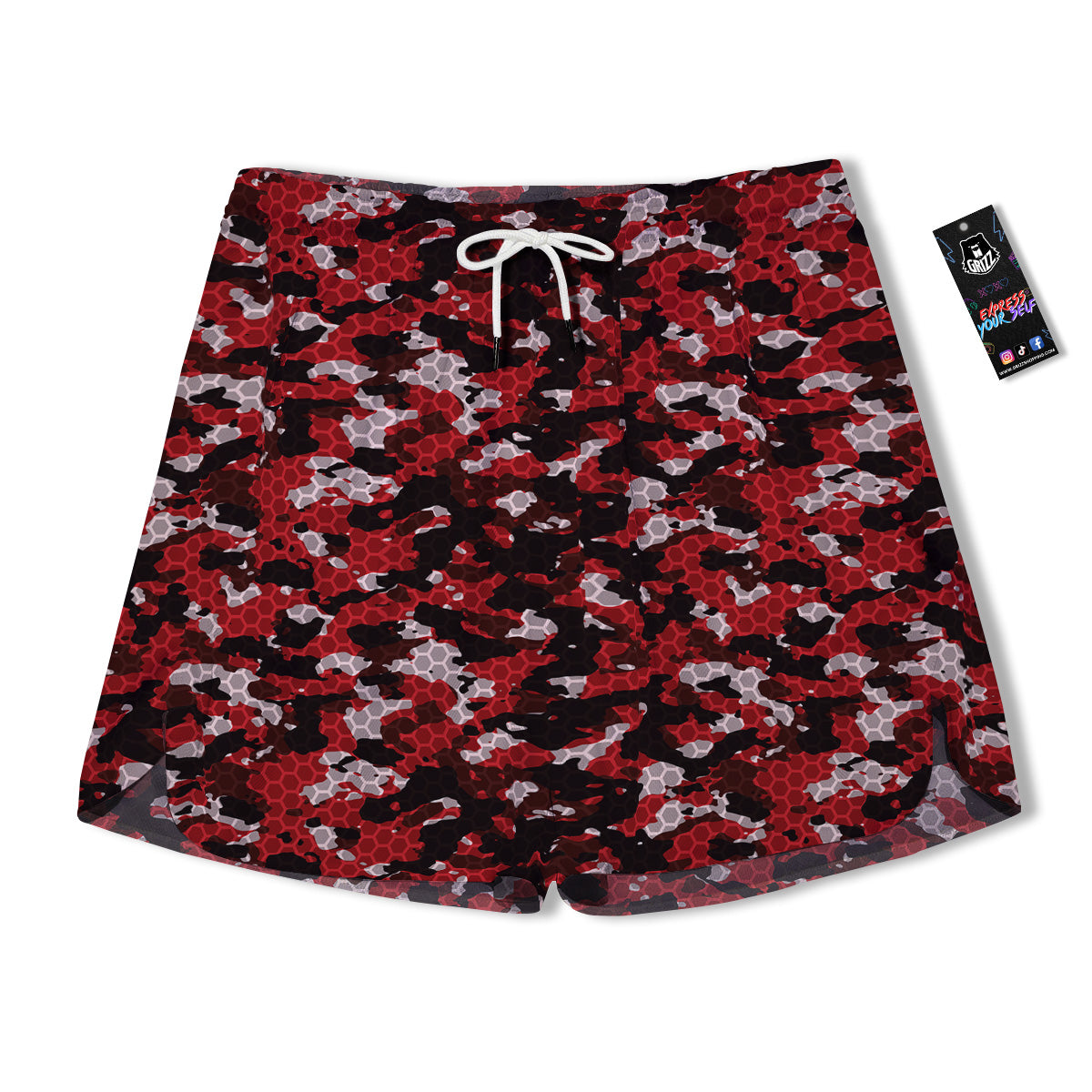 Red Black Hi Tech Camo Hexagonal Grid Print Pattern Men's Running Shorts-grizzshop
