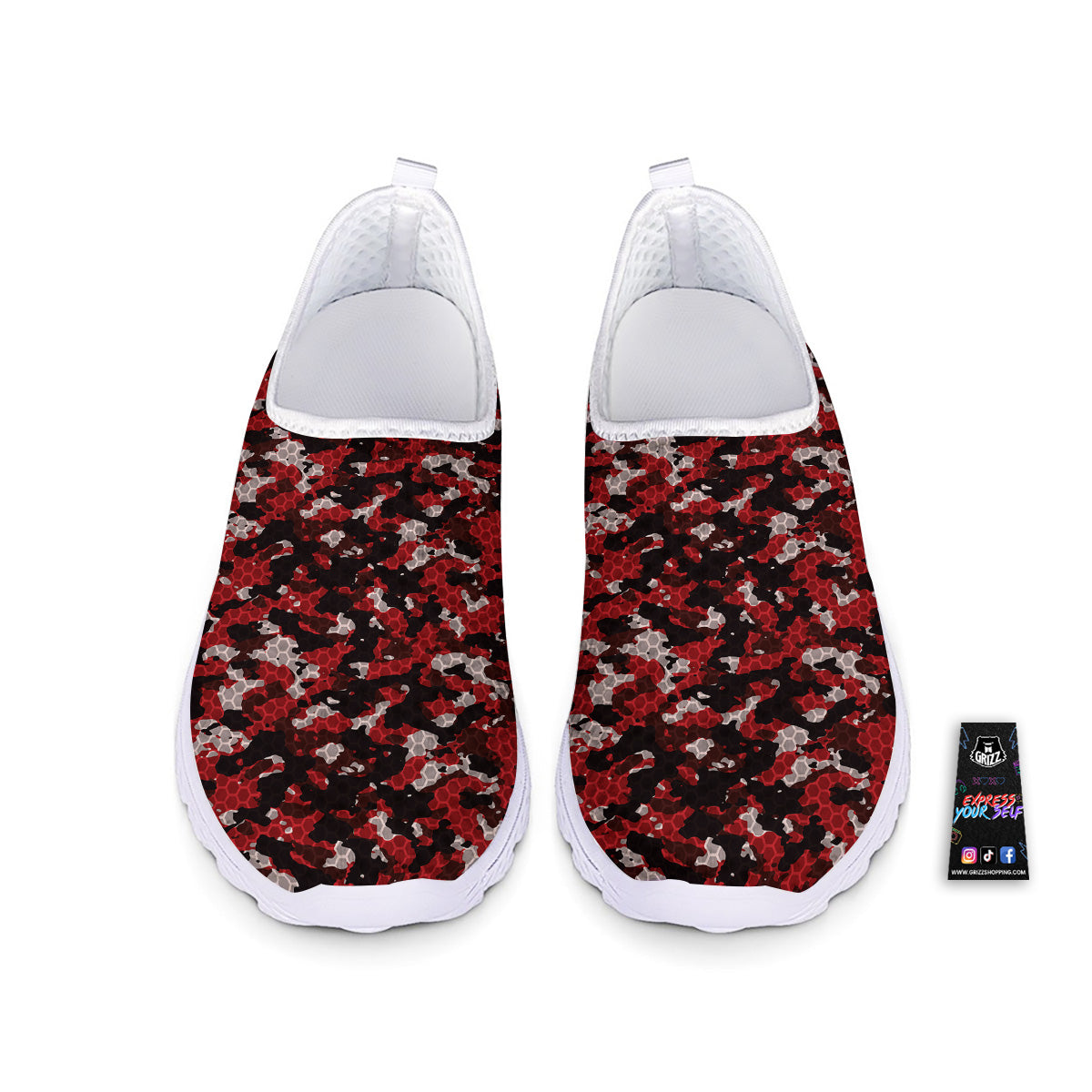 Red Black Hi Tech Camo Hexagonal Grid Print Pattern Nurse Shoes-grizzshop