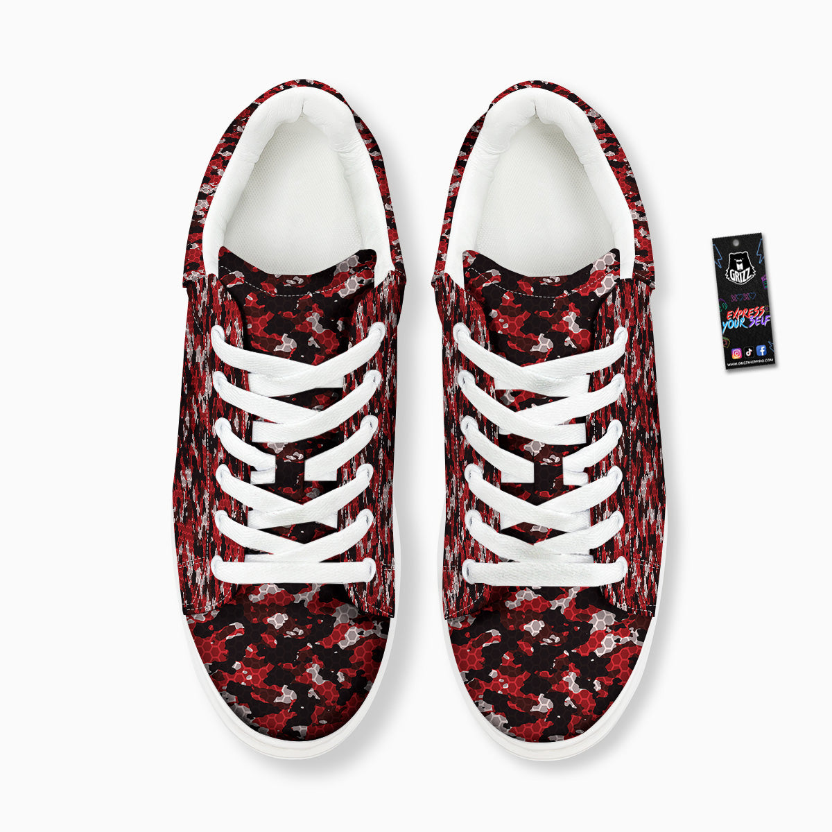 Red Black Hi Tech Camo Hexagonal Grid Print Pattern Platform Shoes-grizzshop