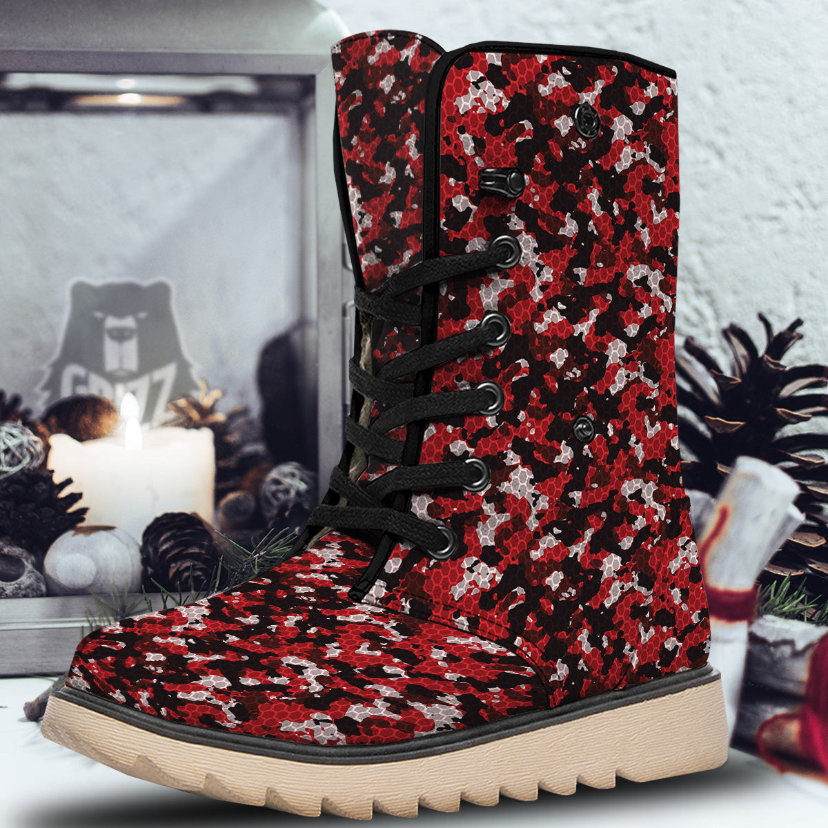 Red Black Hi Tech Camo Hexagonal Grid Print Pattern Snow Boots-grizzshop