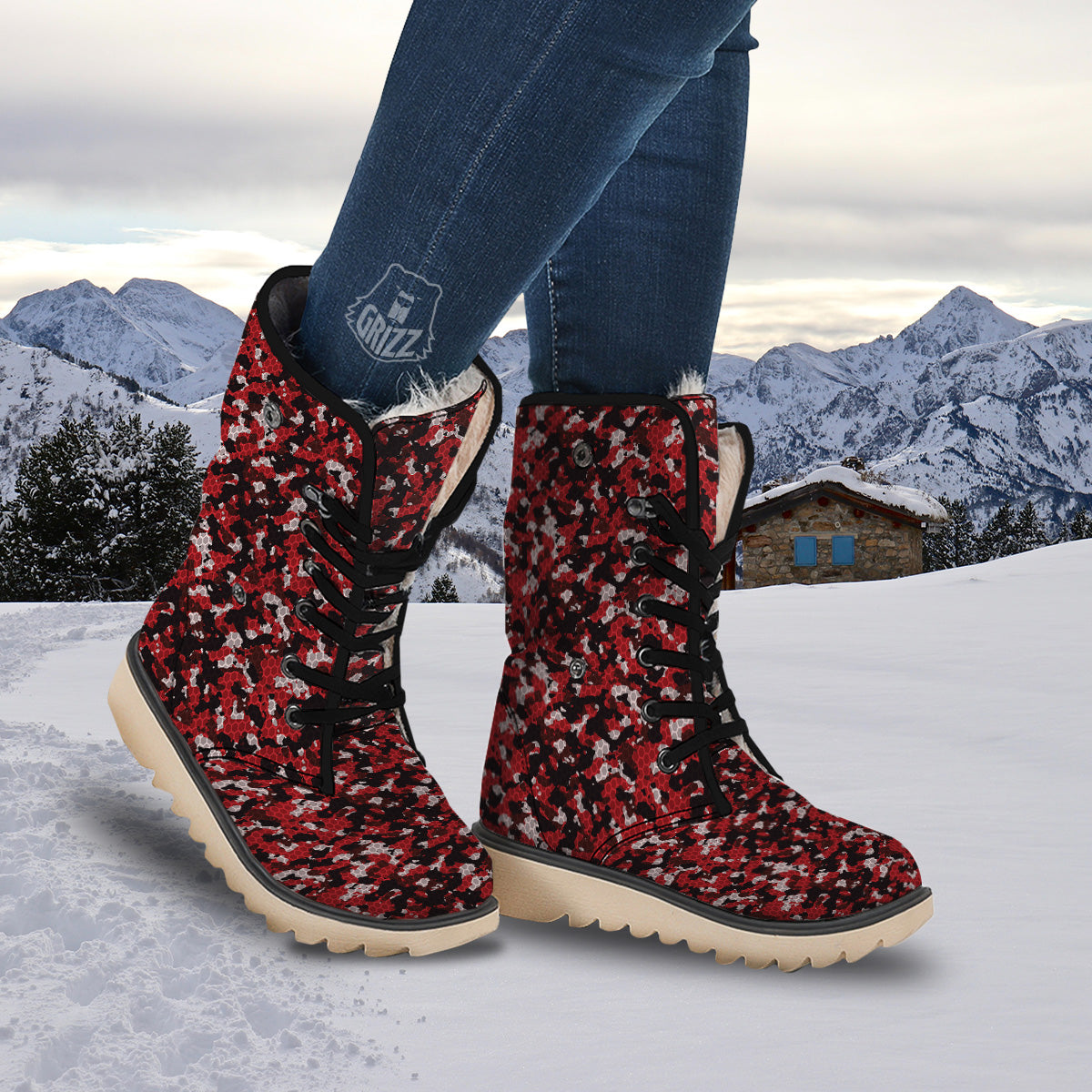 Red Black Hi Tech Camo Hexagonal Grid Print Pattern Snow Boots-grizzshop