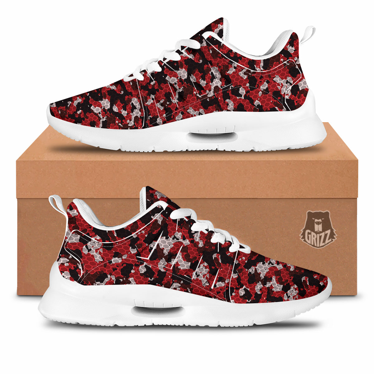 Red Black Hi Tech Camo Hexagonal Grid Print Pattern Tennis Shoes-grizzshop