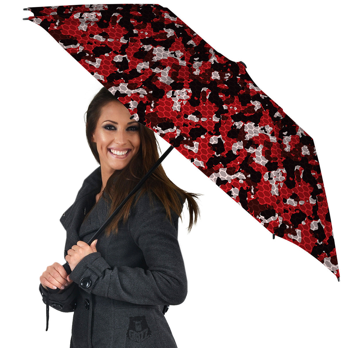 Red Black Hi Tech Camo Hexagonal Grid Print Pattern Umbrella-grizzshop