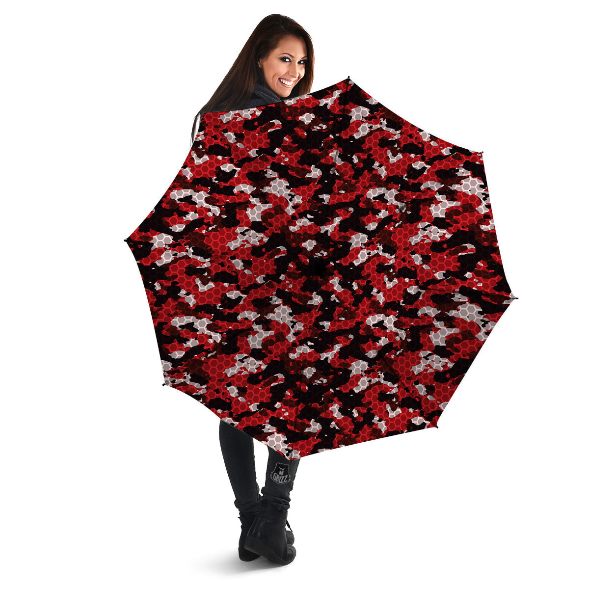 Red Black Hi Tech Camo Hexagonal Grid Print Pattern Umbrella-grizzshop