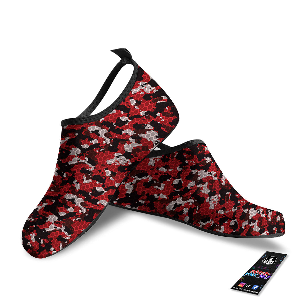 Red Black Hi Tech Camo Hexagonal Grid Print Pattern Water Shoes-grizzshop