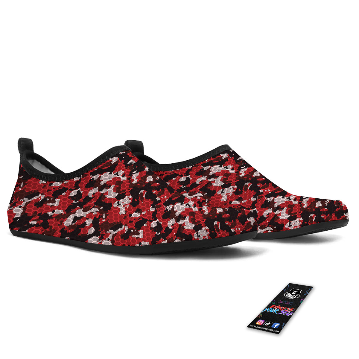 Red Black Hi Tech Camo Hexagonal Grid Print Pattern Water Shoes-grizzshop