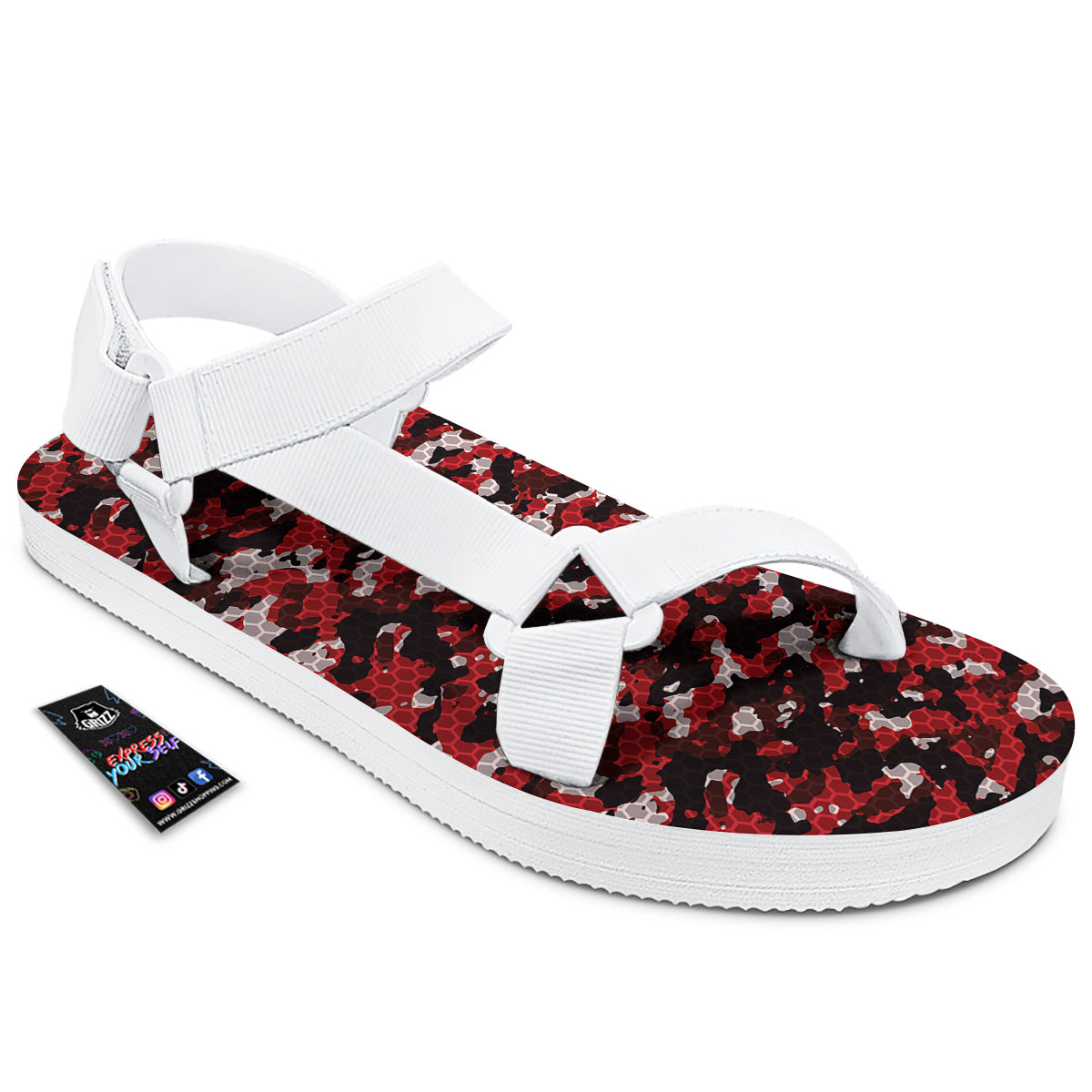Red Black Hi Tech Camo Hexagonal Grid Print Pattern White Open Toe Sandals-grizzshop