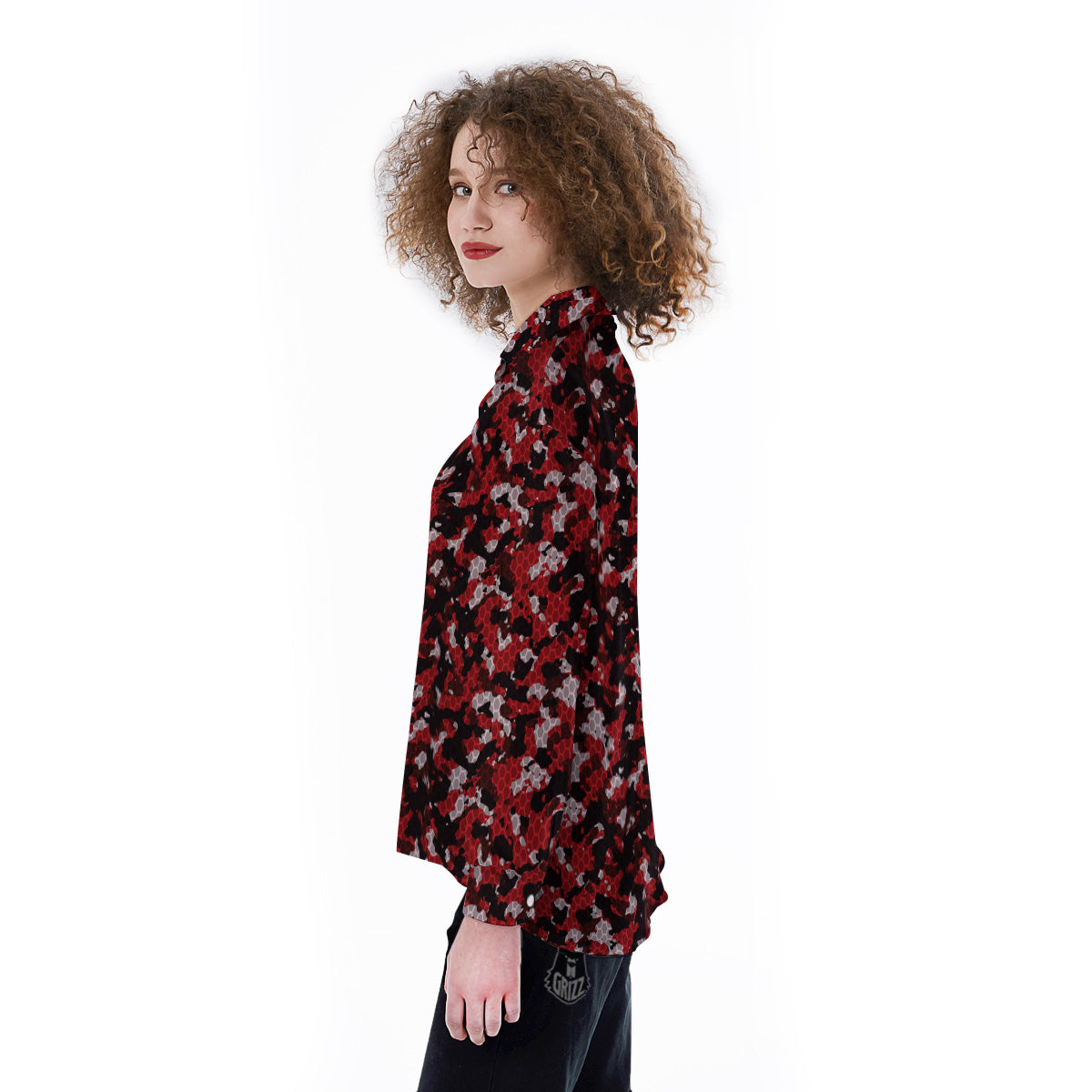 Red Black Hi Tech Camo Hexagonal Grid Print Pattern Women's Long Sleeve Shirts-grizzshop