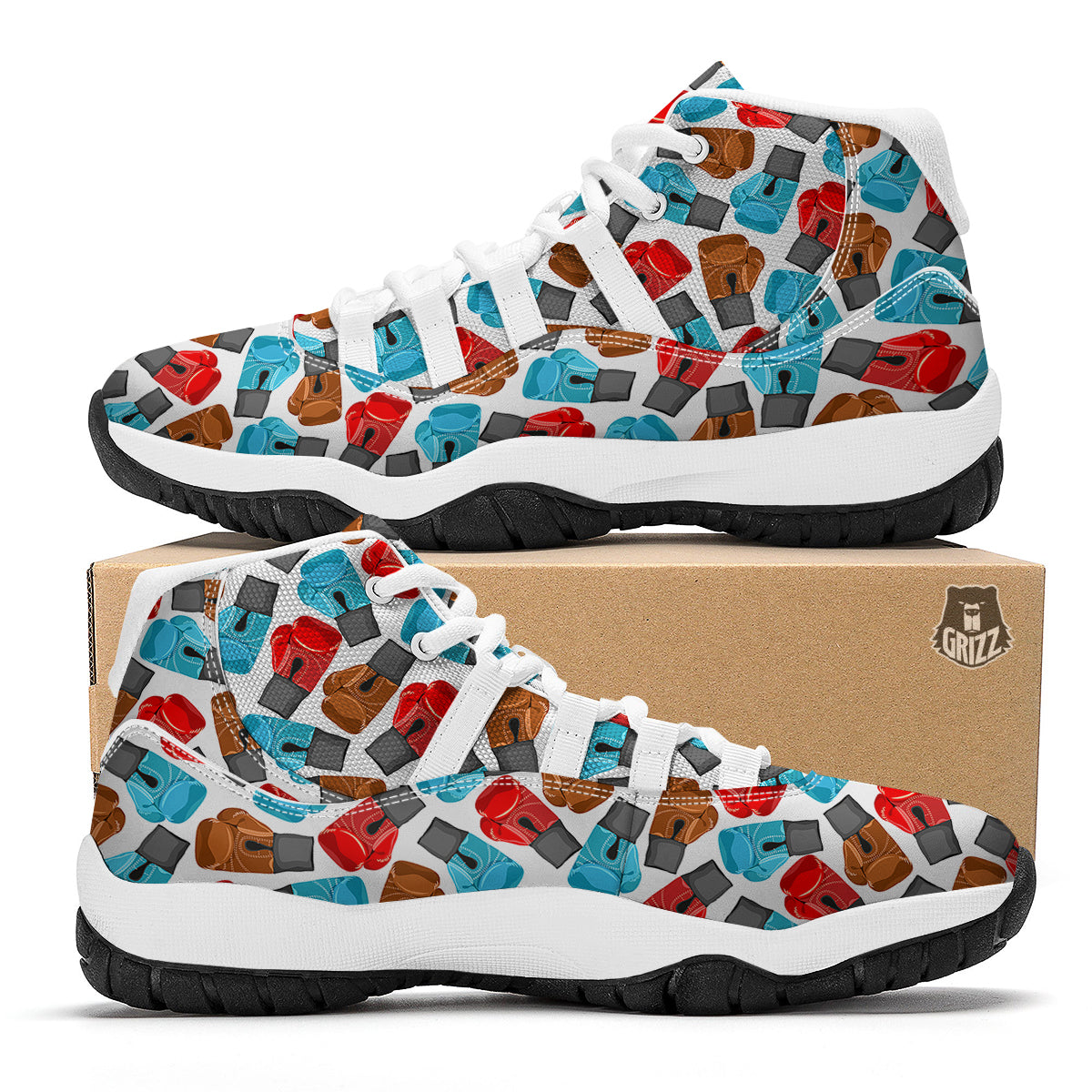 Red Blue And Brown Boxing Glove Print Pattern White Bball Shoes-grizzshop
