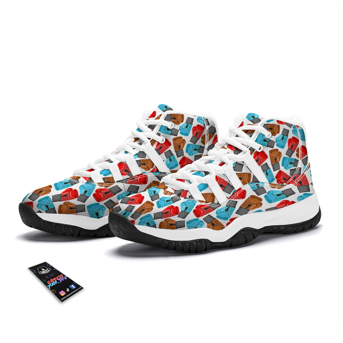 Red Blue And Brown Boxing Glove Print Pattern White Bball Shoes-grizzshop