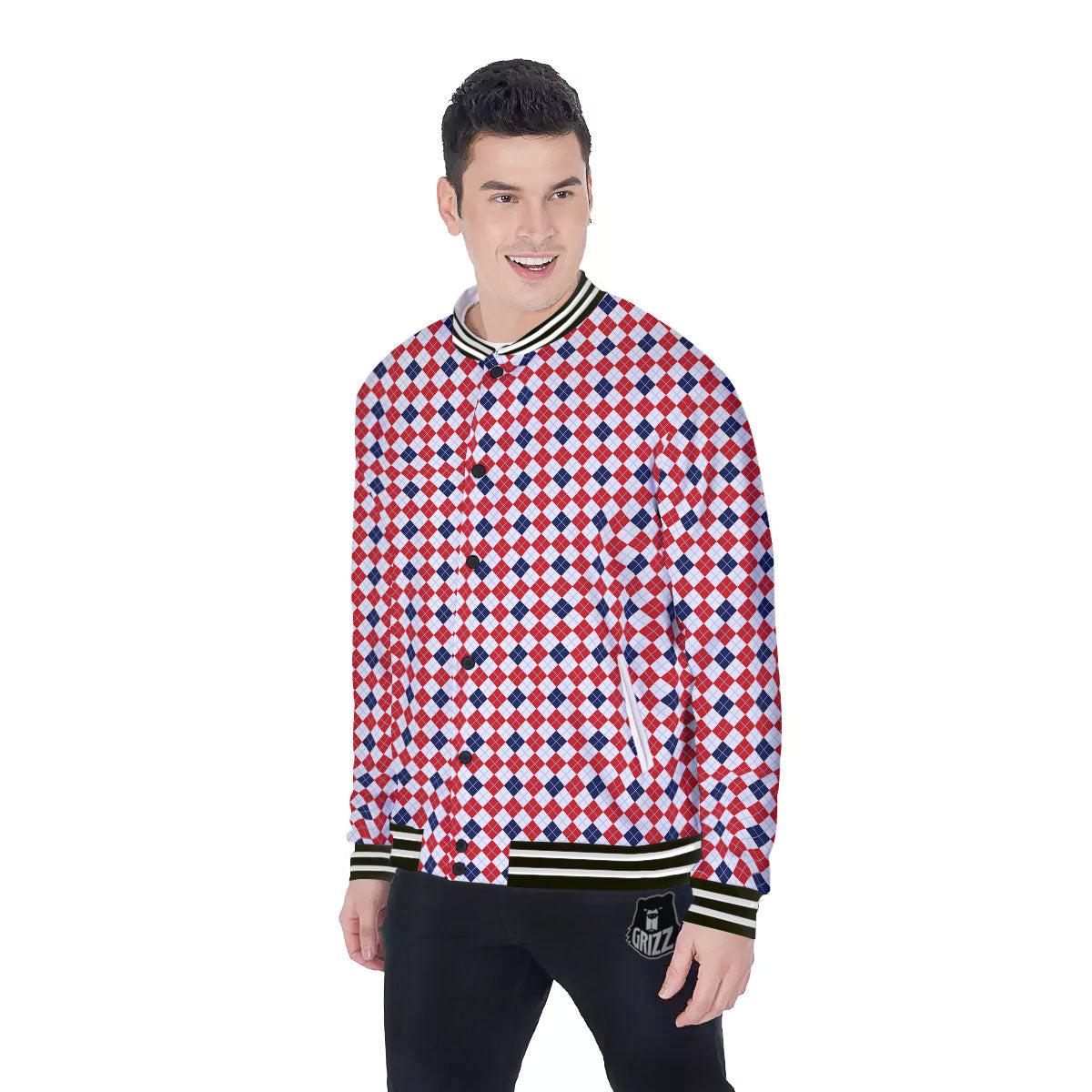 Red Blue And White Argyle Print Pattern Baseball Jacket-grizzshop
