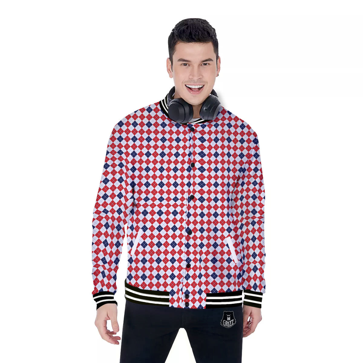 Red Blue And White Argyle Print Pattern Baseball Jacket-grizzshop