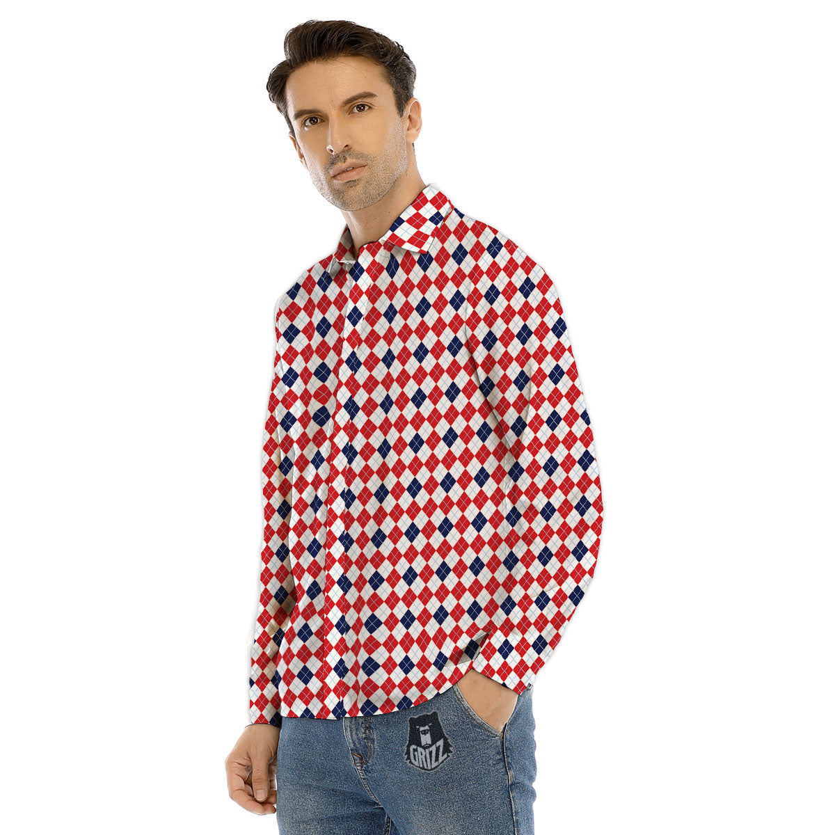 Red Blue And White Argyle Print Pattern Men's Dress Shirts-grizzshop