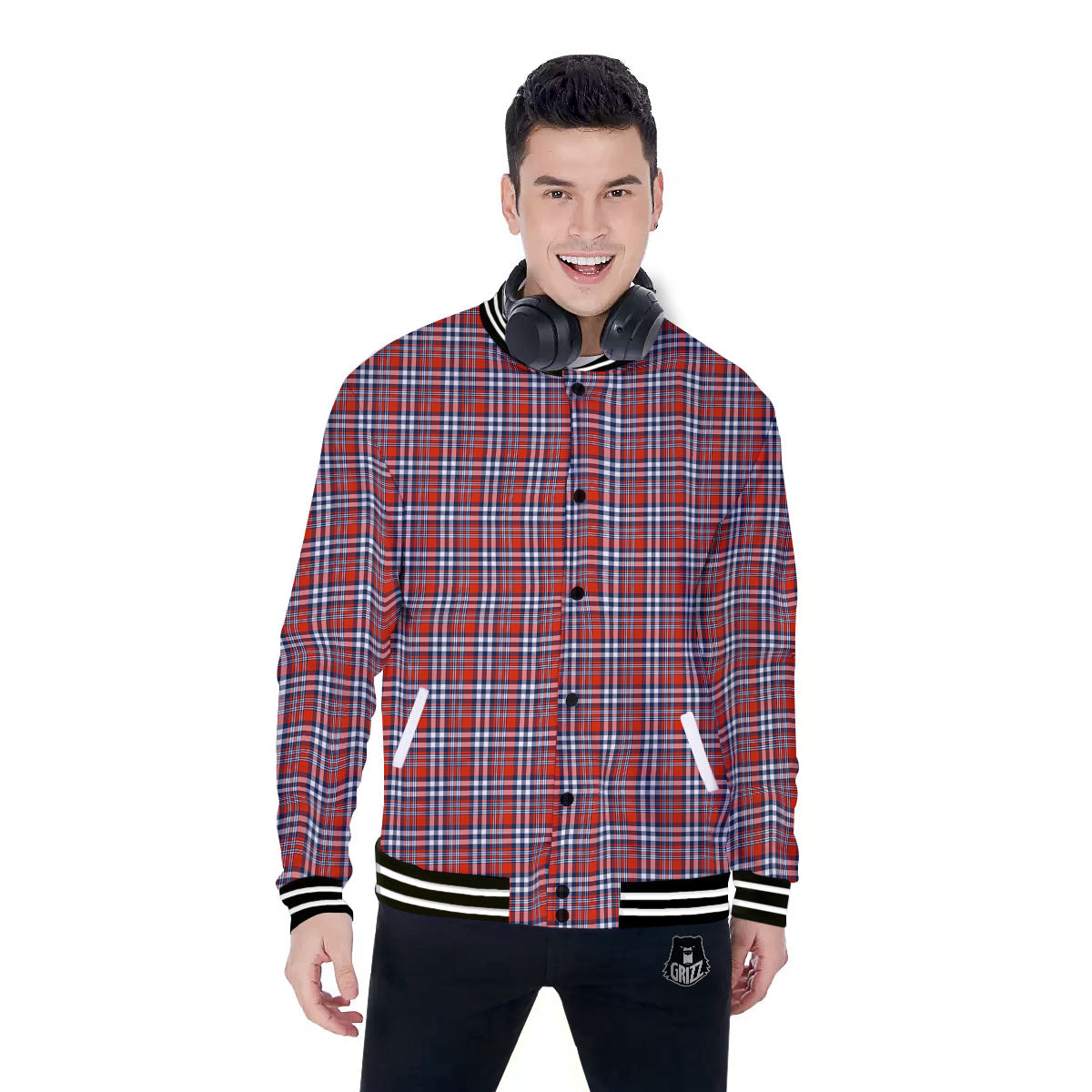 Red Blue And White Check Print Pattern Baseball Jacket-grizzshop