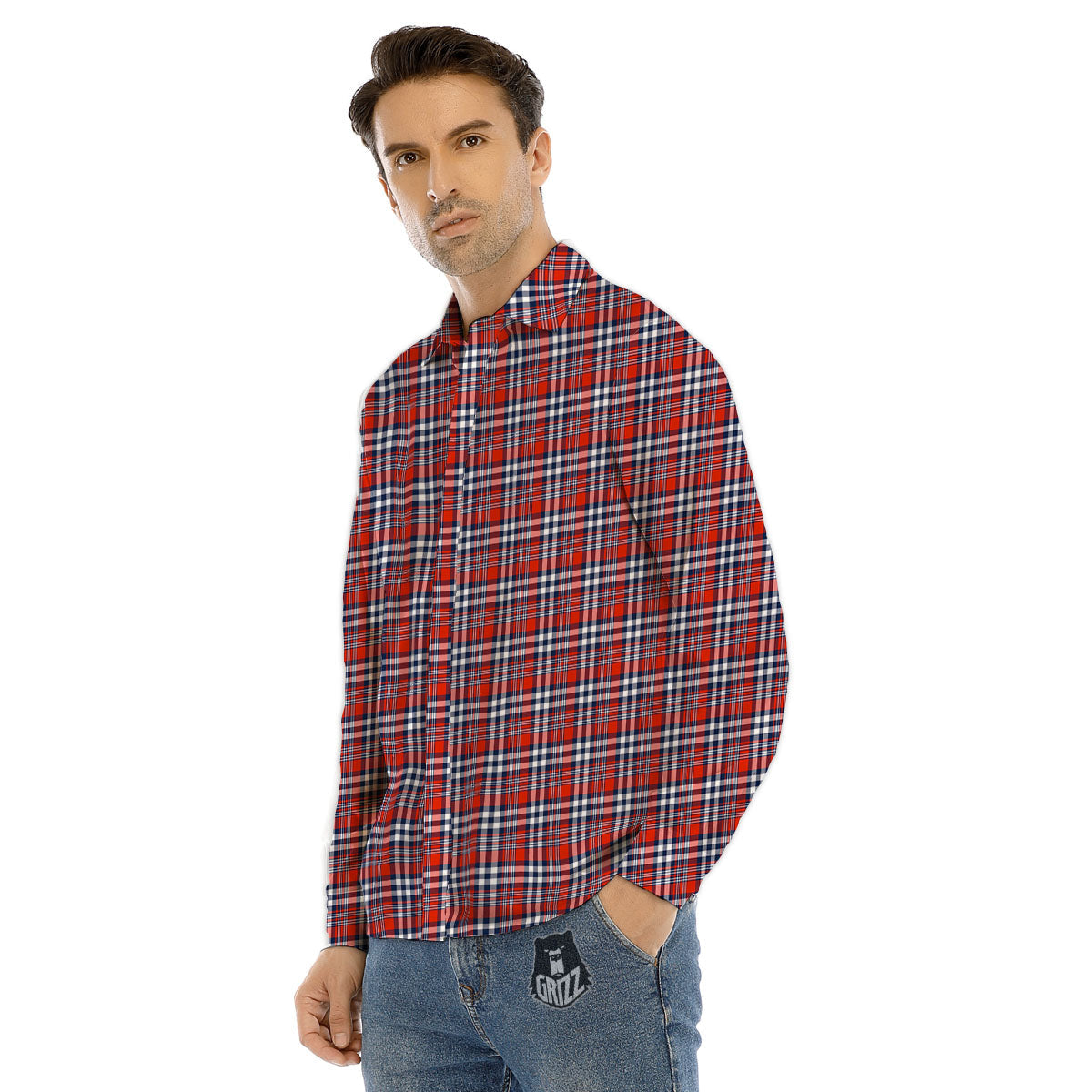 Red Blue And White Check Print Pattern Men's Dress Shirts-grizzshop