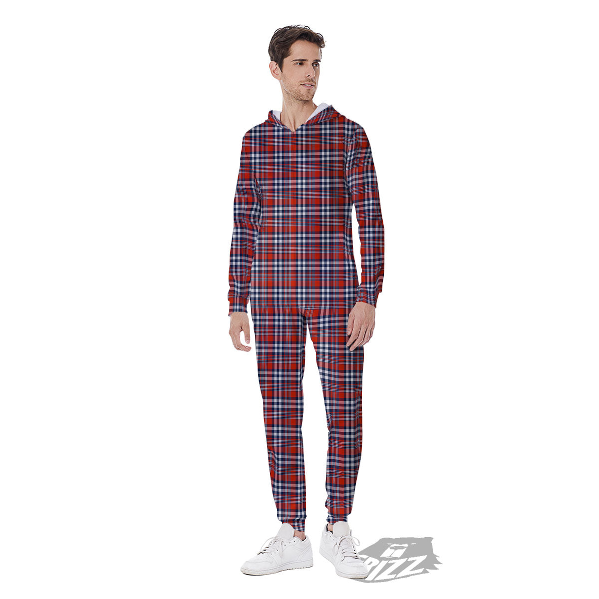 Red Blue And White Check Print Pattern Men's Jumpsuit-grizzshop
