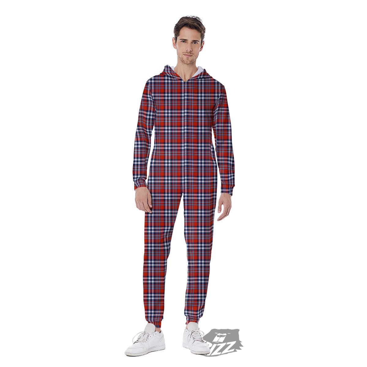 Red Blue And White Check Print Pattern Men's Jumpsuit-grizzshop