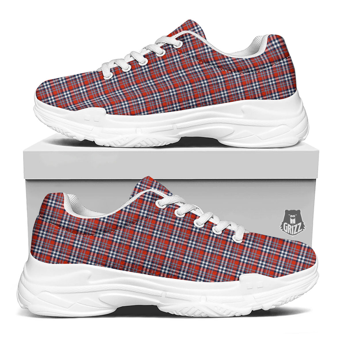Red Blue And White Check Print Pattern White Chunky Shoes-grizzshop