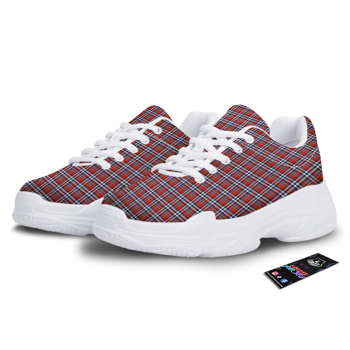Red Blue And White Check Print Pattern White Chunky Shoes-grizzshop