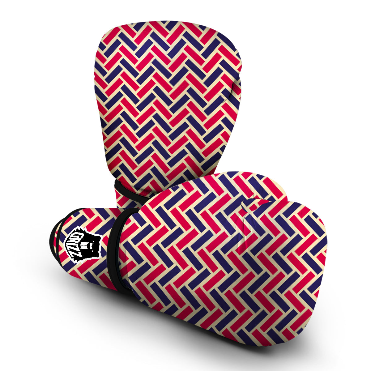 Red Blue Biege Herringbone Print Pattern Boxing Gloves-grizzshop