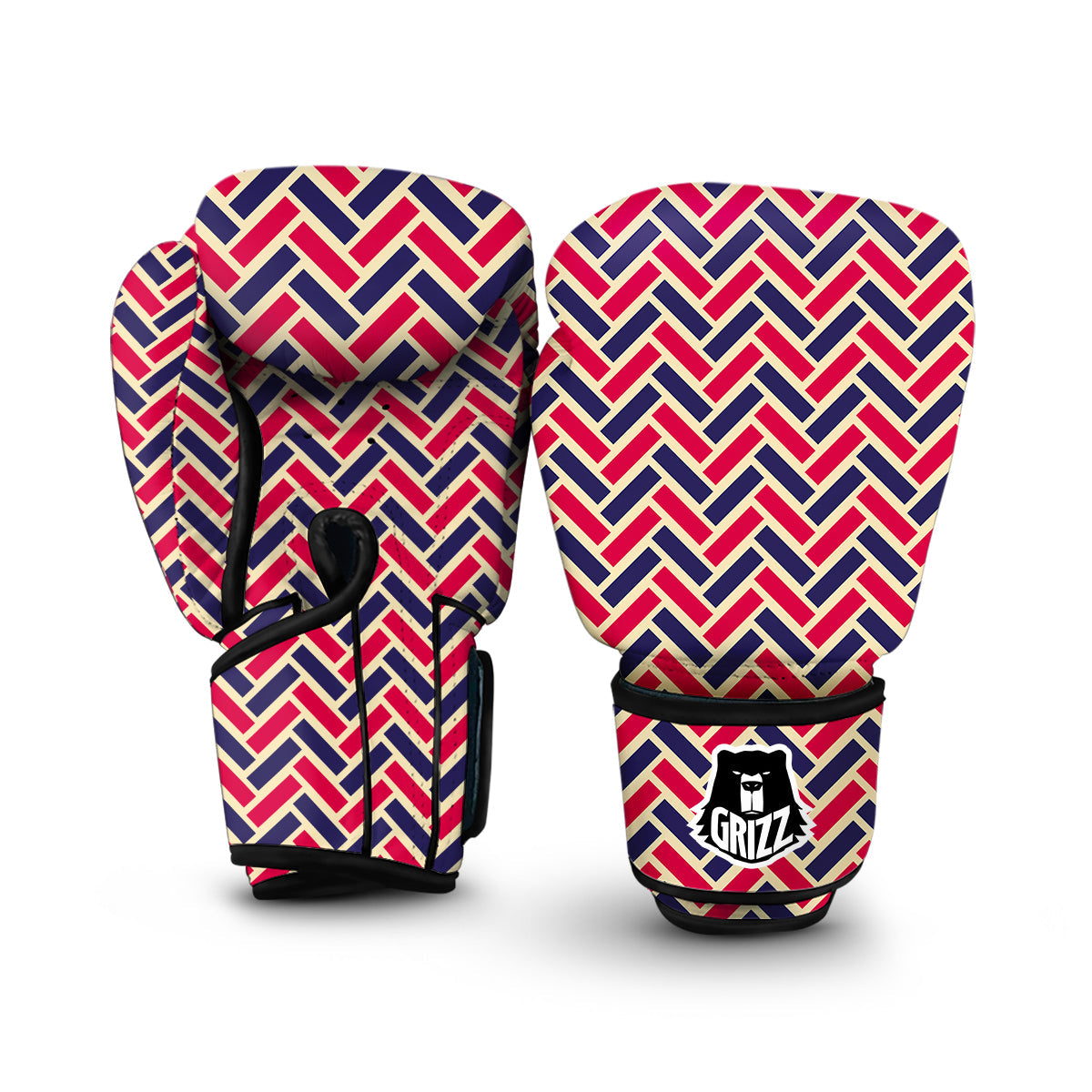 Red Blue Biege Herringbone Print Pattern Boxing Gloves-grizzshop