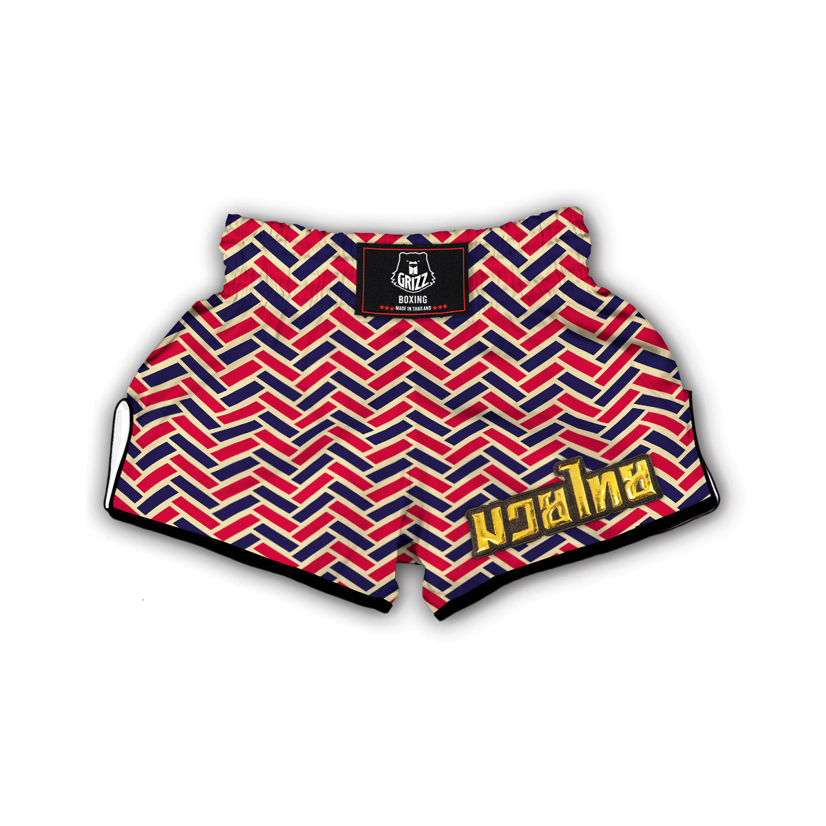 Red Blue Biege Herringbone Print Pattern Muay Thai Boxing Shorts-grizzshop